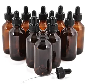 12, Amber, 2 oz Glass Bottles, With Glass Eye Droppers