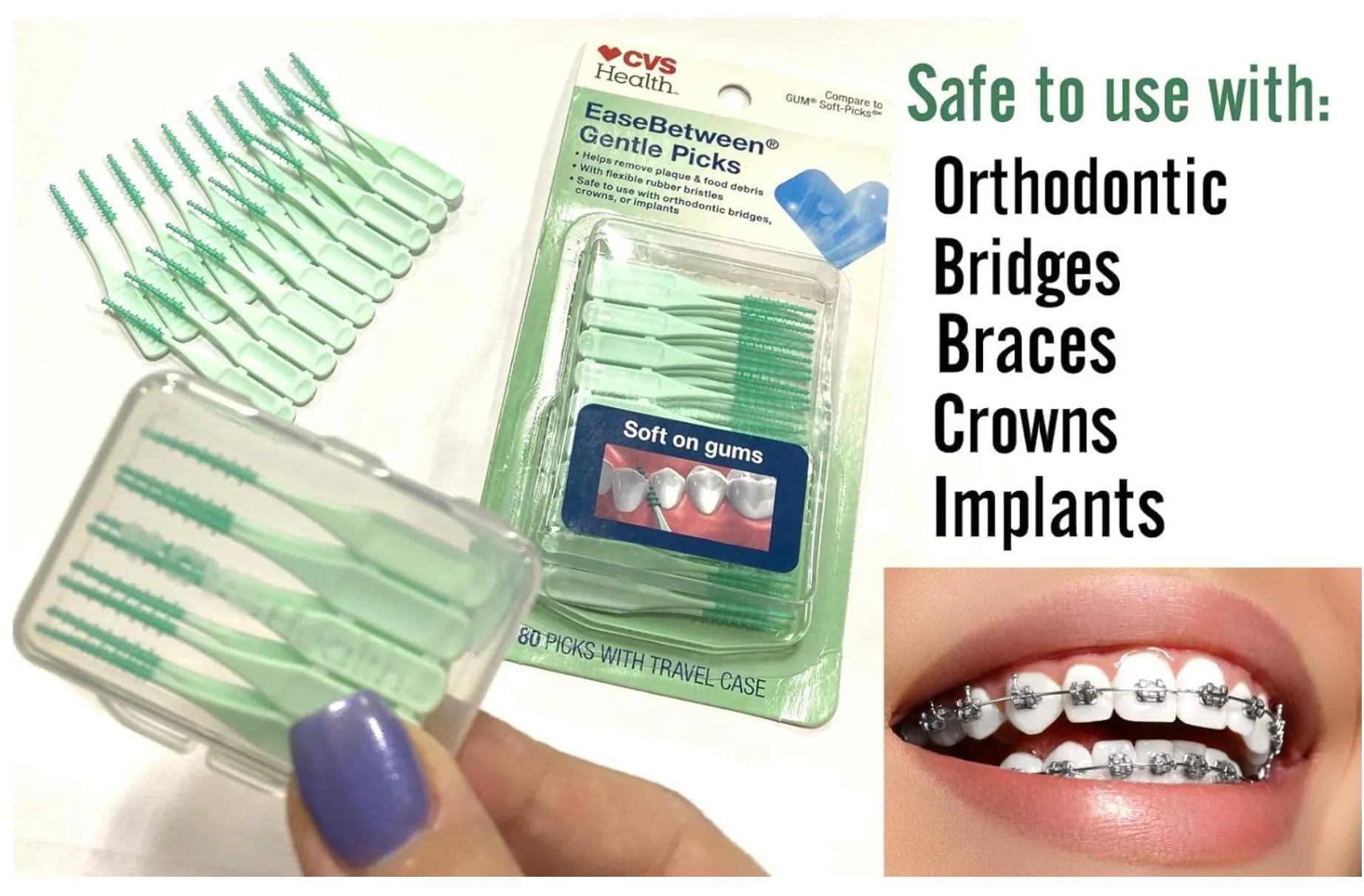 160pcs Premium Soft Bristle EaseBetween Gentle Picks Flexible Rubber Bristles Safe On Braces Bridges Crowns Implants - Includes Convenient Travel Case