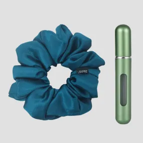 Deep Turquoise Satin Silk Scrunchie - Sage Green Mini Perfume Spray Btl.