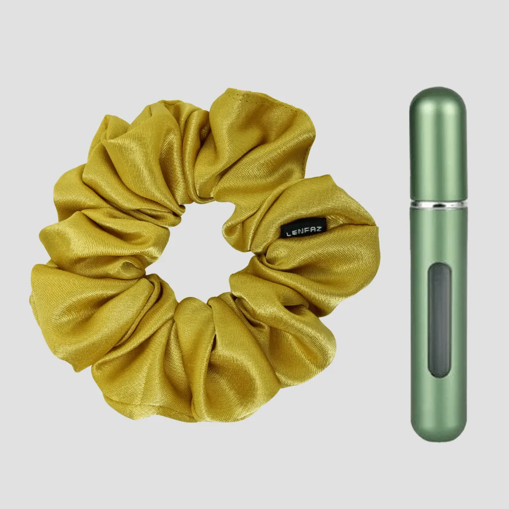 Luxury Gold Satin Silk Scrunchie - Sage Green Mini Perfume Spray Btl.