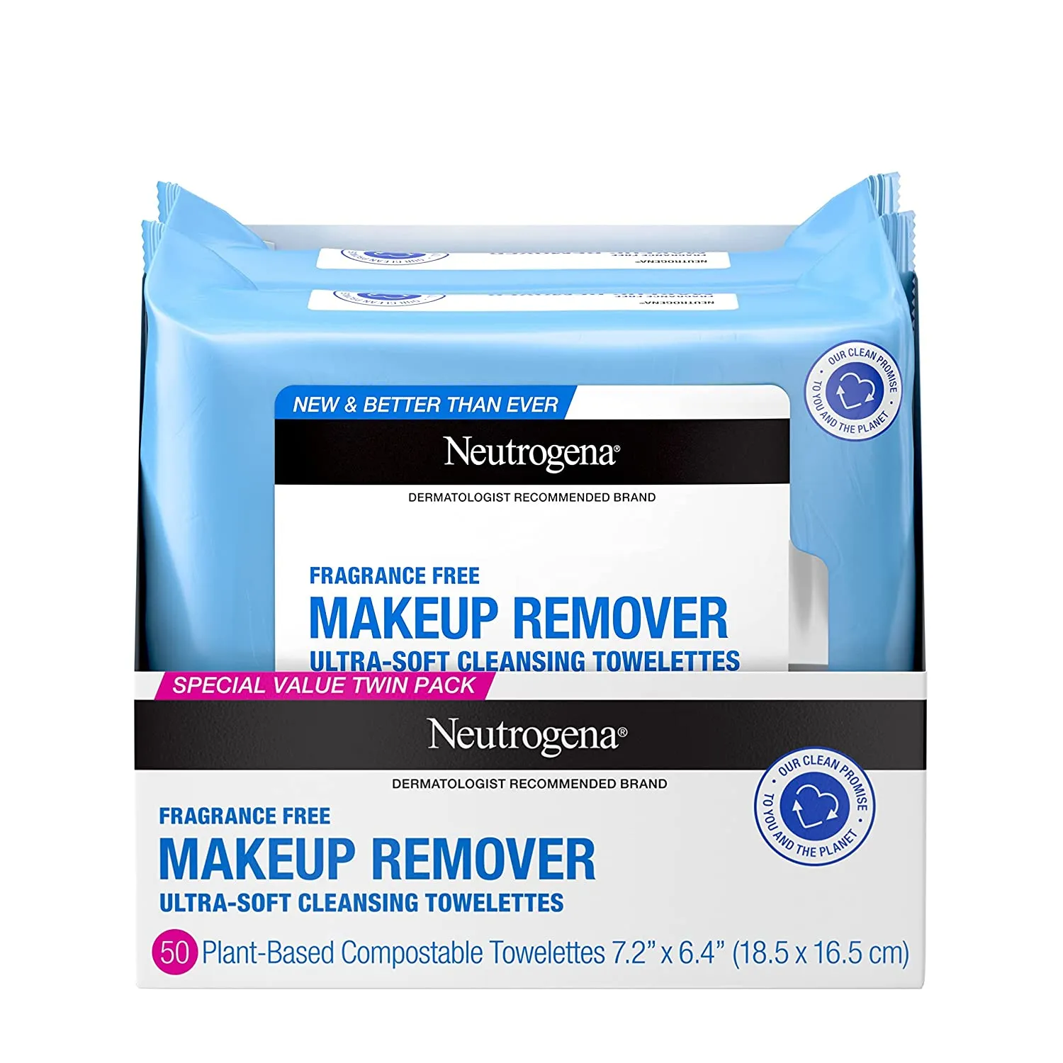 Neutrogena Makeup Remover Cleansing Face Wipes, Daily Cleansing Facial Towelettes to Remove Waterproof Makeup and Mascara, Alcohol-Free, Value Twin Pack, 25 Count, 2 Pack