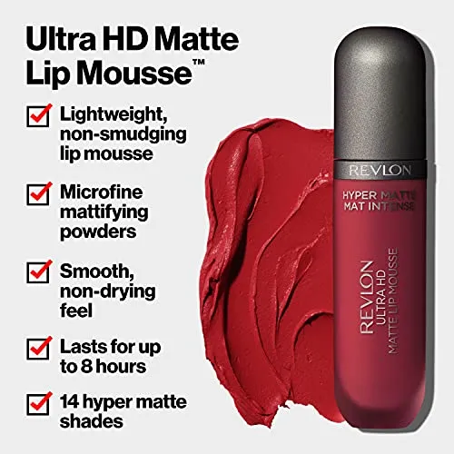 REVLON Ultra HD Lip Mousse Hyper Matte, Longwearing Creamy Liquid Lipstick in Nude / Brown, Dusk (865), 0.2 oz