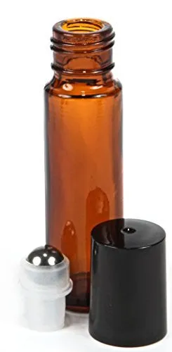 Vivaplex, 6, Amber, 10 ml Glass Roll-on Bottles with Stainless Steel Roller Balls - .5 ml Dropper included