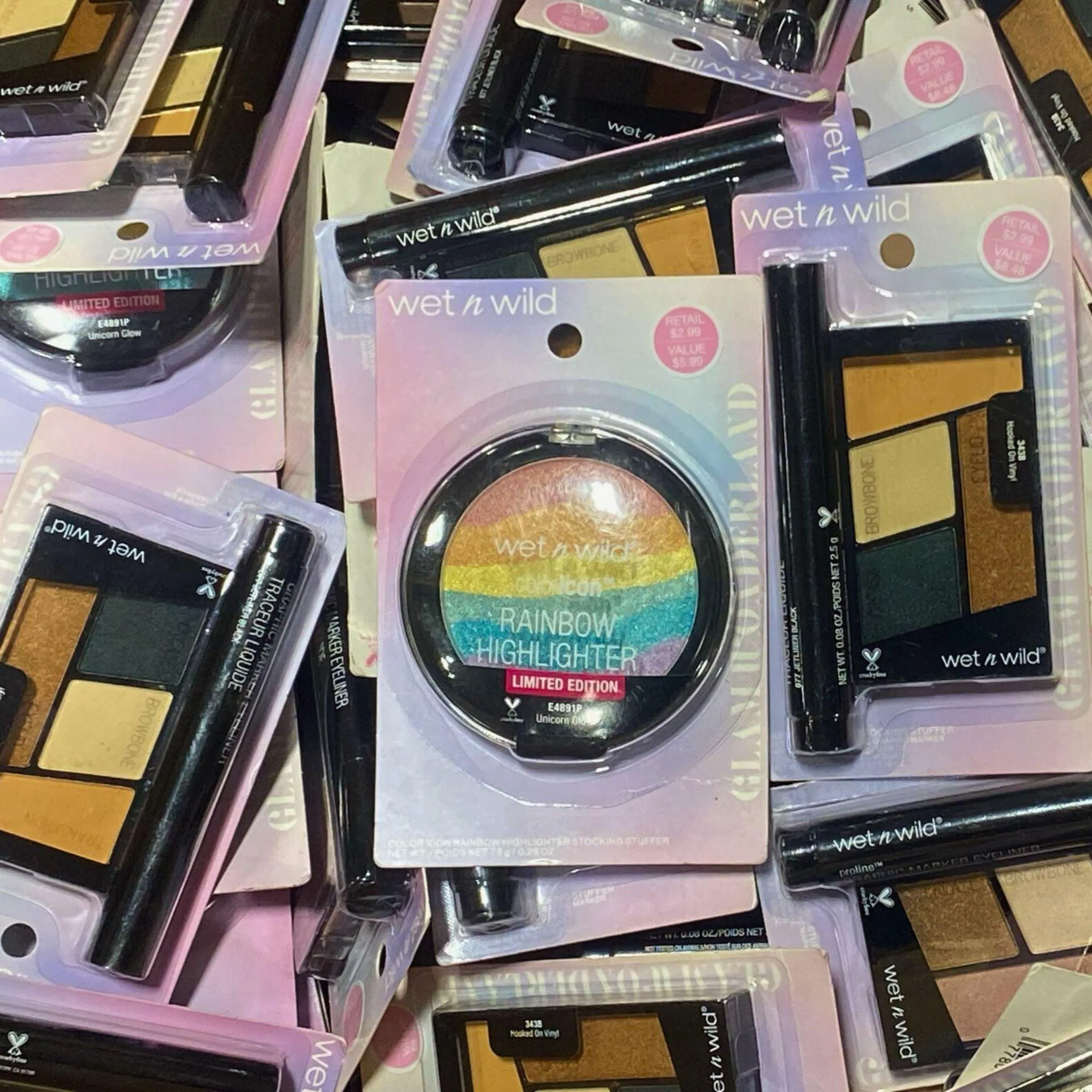 Wet N Wild Rainbow Highlighter & Color Icon Quad Shadow   Liquid Liner (50 Pcs Lot)